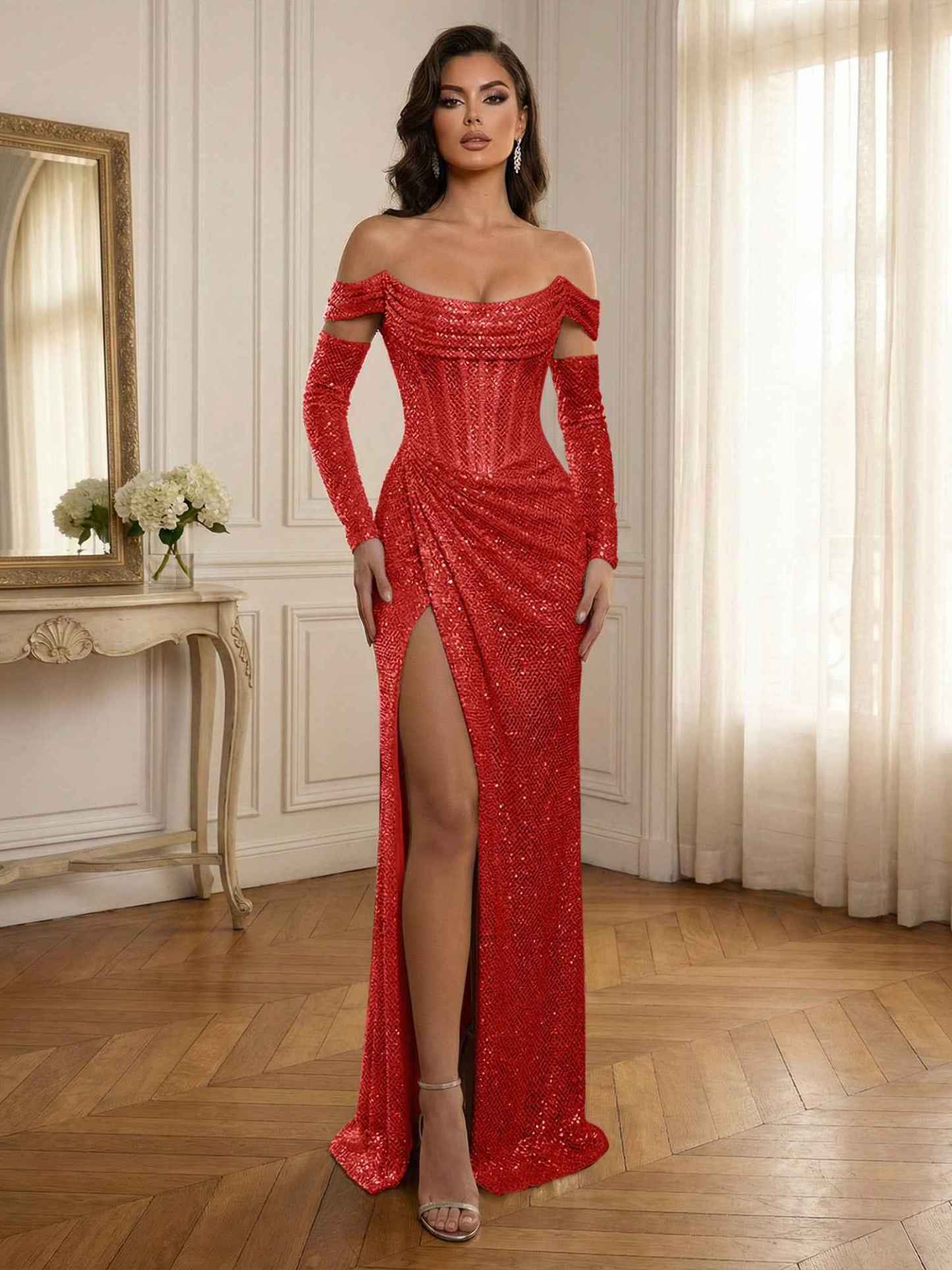 Silver Sequin Off-the-Shoulder Long Sleeves Corset Prom Dress with Slit