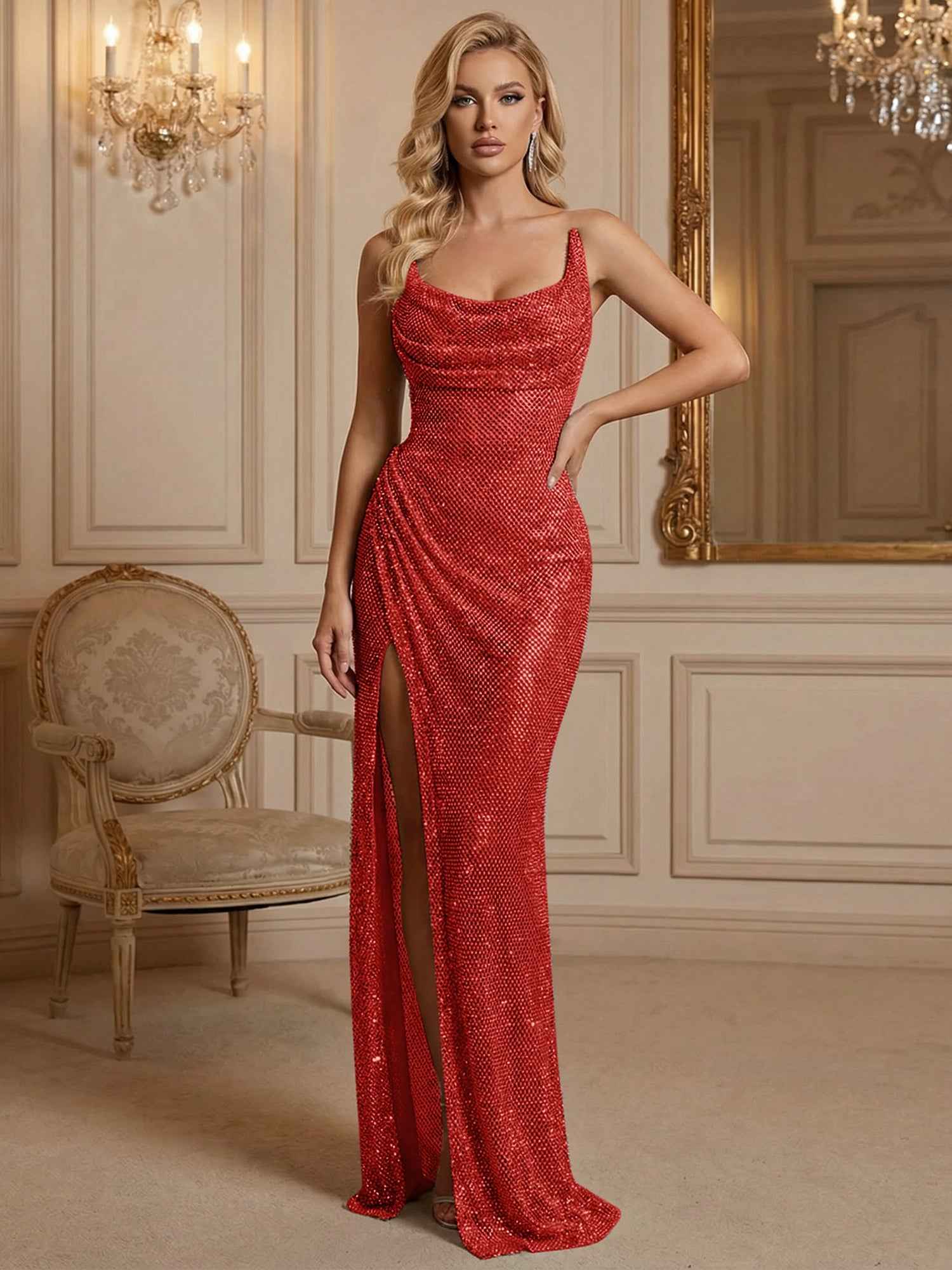 Silver Sequin Cowl Neck Ruched Long Prom Dress with High Slit