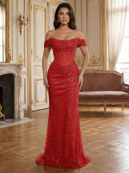 Red Off-The-Shoulder Sequined Corset Mermaid Long Prom Dress