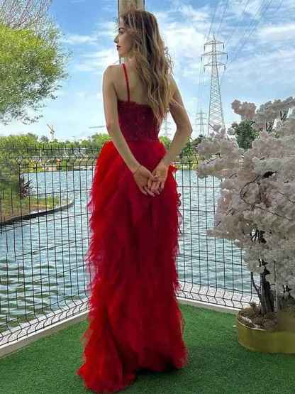 Red Mermaid Spaghetti Straps Tulle Long Prom Dress with Ruffles