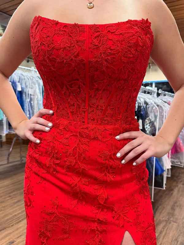 Red Mermaid Strapless Scoop Neck Lace Appliques Prom Dress with Slit