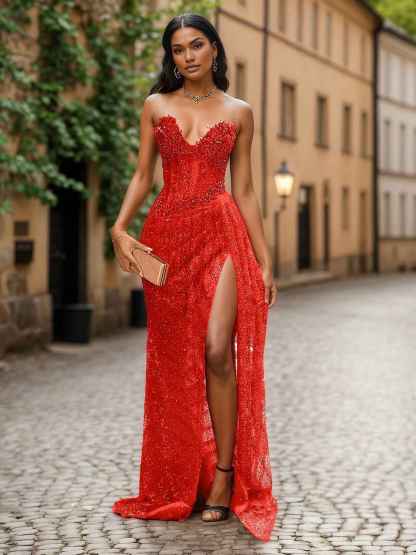 Red Strapless Beaded Fringe Waist Sequin Prom Dress with High Slit