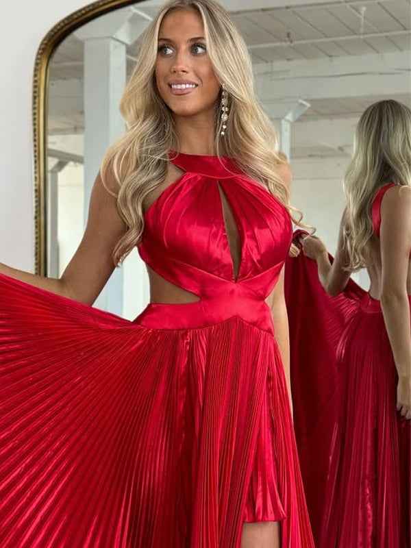 Green A-Line Halter Pleated Satin Long Prom Dress with Slit