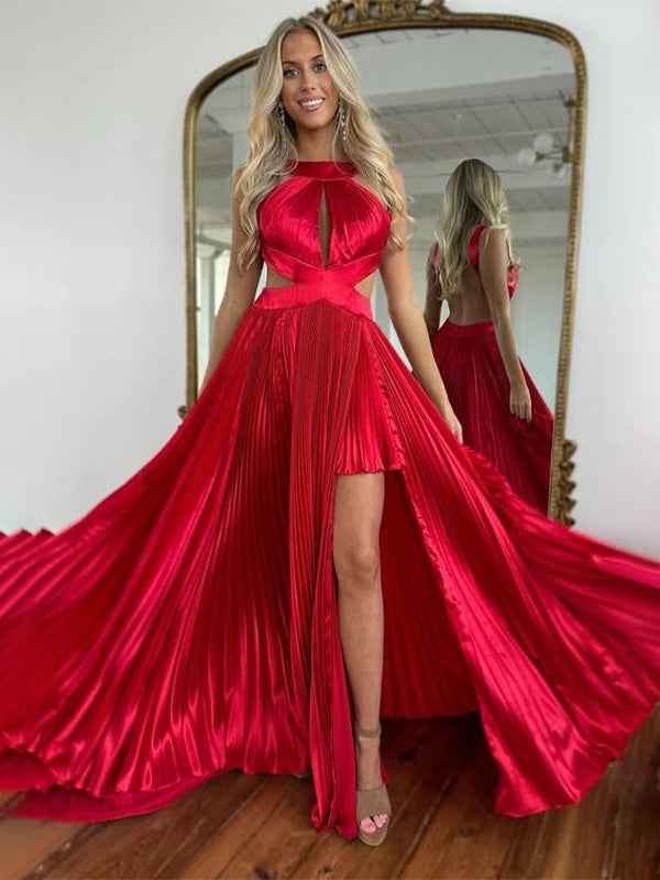 Green A-Line Halter Pleated Satin Long Prom Dress with Slit