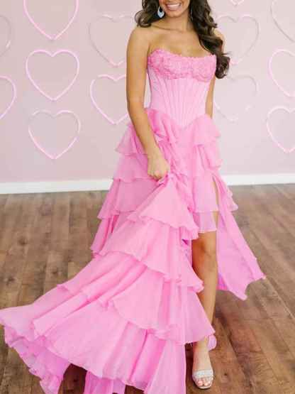 Red A Line Strapless Long Tiered Ruffle Prom Dress