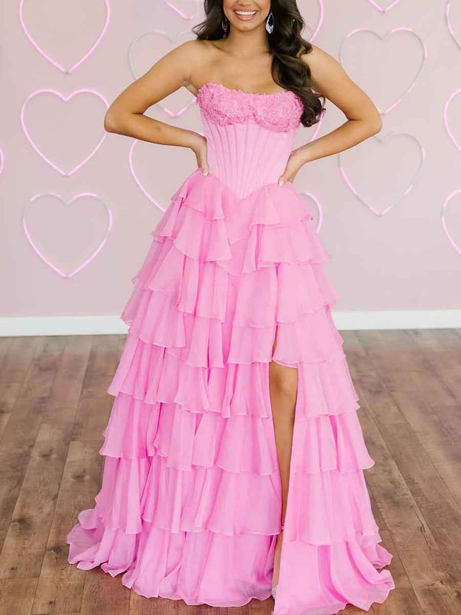 Red A Line Strapless Long Tiered Ruffle Prom Dress