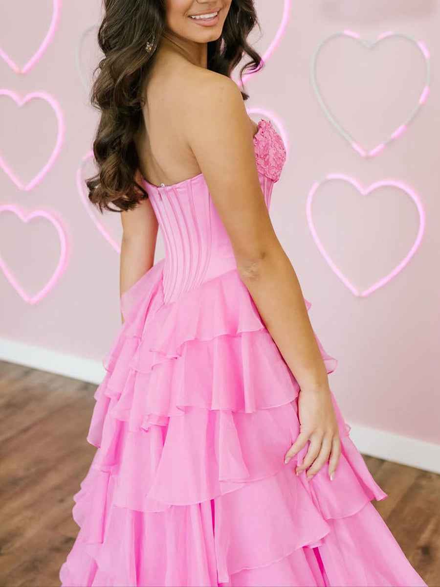 Red A Line Strapless Long Tiered Ruffle Prom Dress