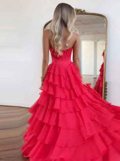 Yellow A Line Strapless Satin Corset Long Prom Dress with Ruffle Skirt