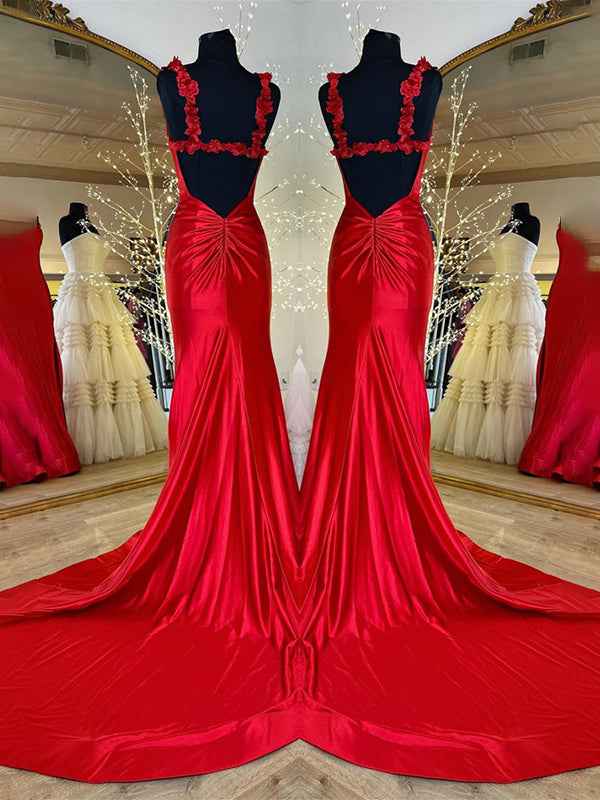 Red Mermaid Flowers Straps Long Prom Dress with Slit