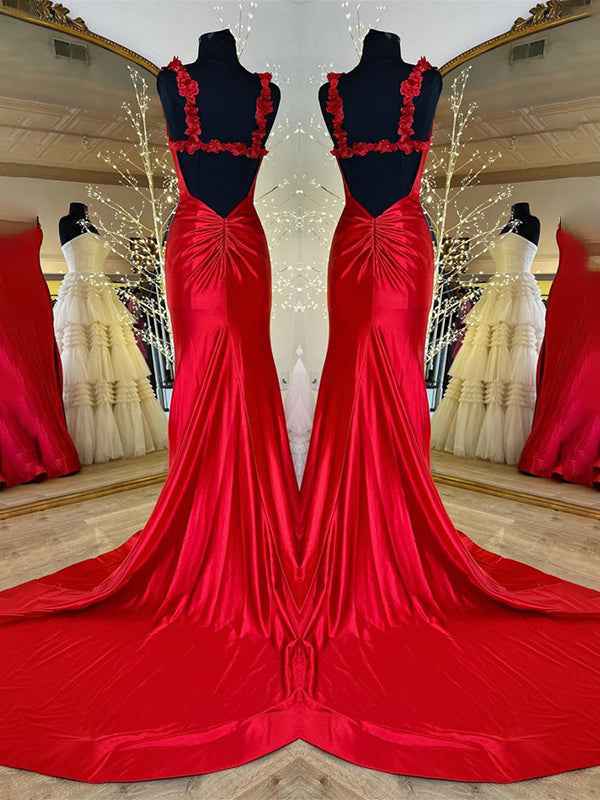 Red Mermaid Flowers Straps Long Prom Dress with Slit