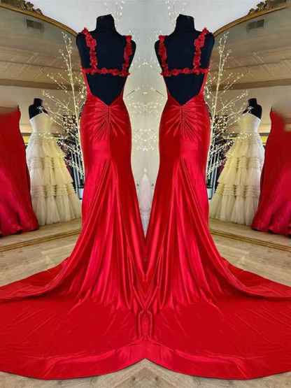 Red Mermaid Flowers Straps Long Prom Dress with Slit