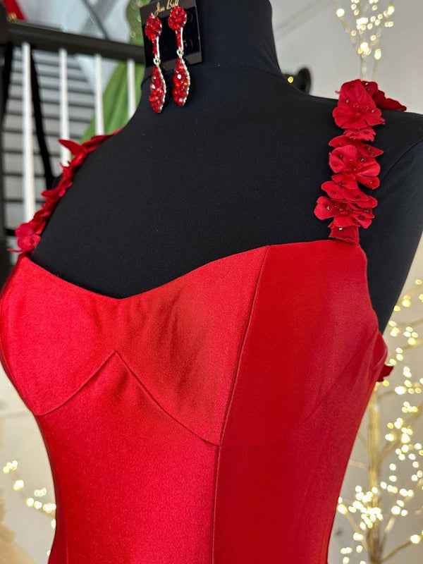 Red Mermaid Flowers Straps Long Prom Dress with Slit