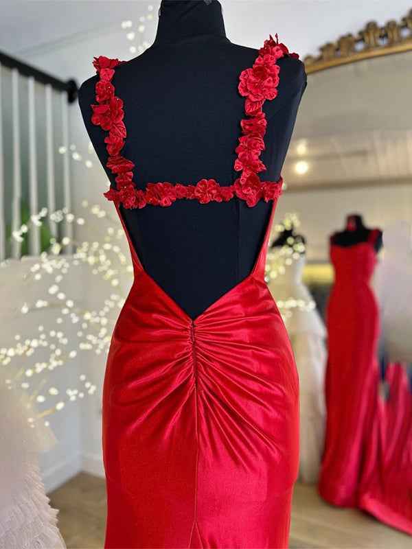 Red Mermaid Flowers Straps Long Prom Dress with Slit