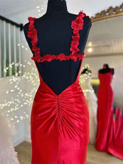 Red Mermaid Flowers Straps Long Prom Dress with Slit
