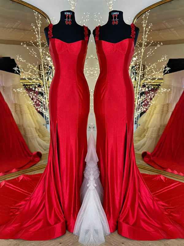Red Mermaid Flowers Straps Long Prom Dress with Slit