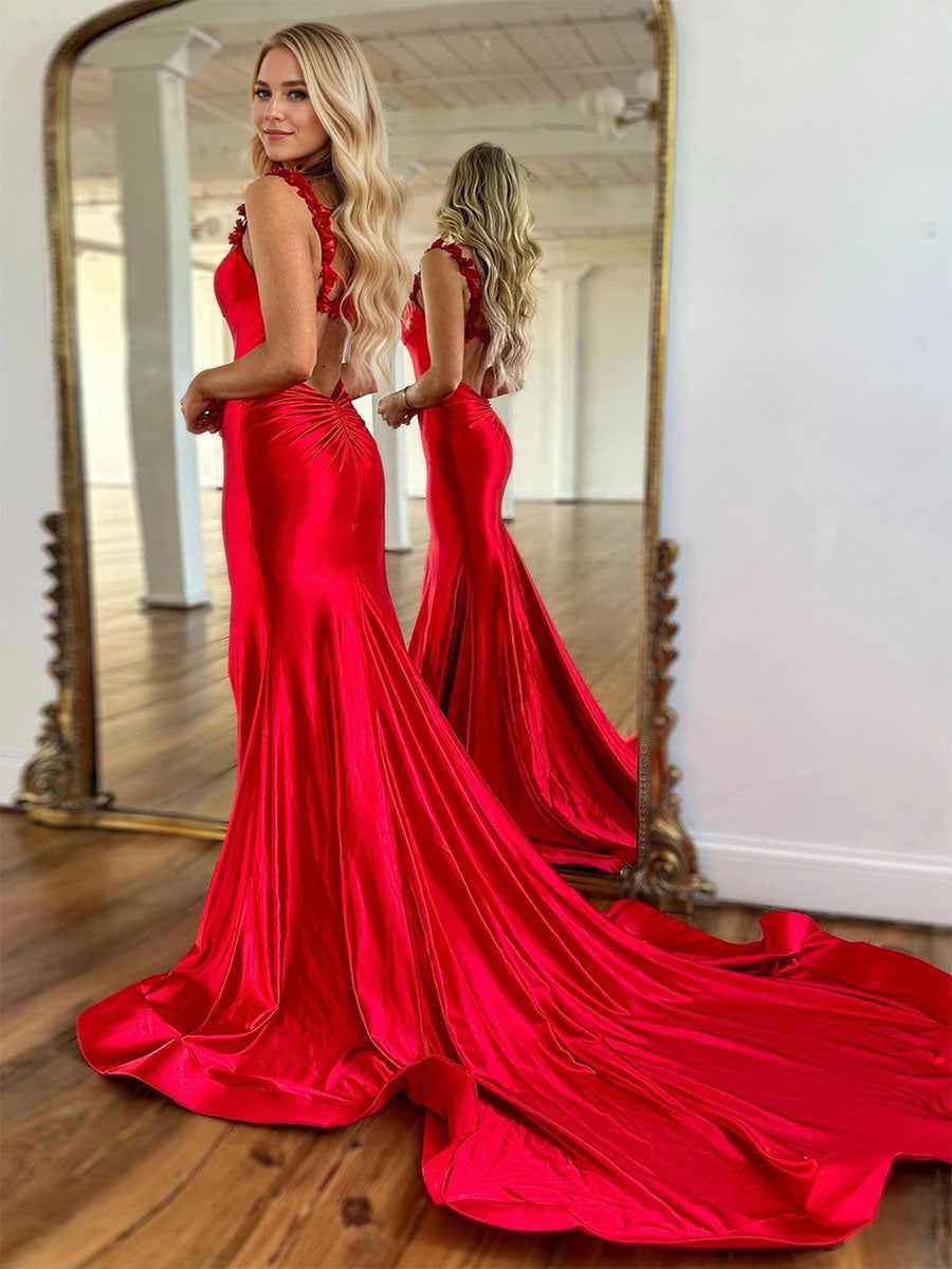 Red Mermaid Flowers Straps Long Prom Dress with Slit