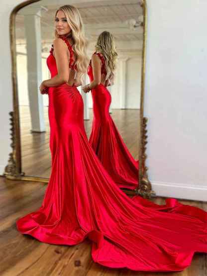 Red Mermaid Flowers Straps Long Prom Dress with Slit