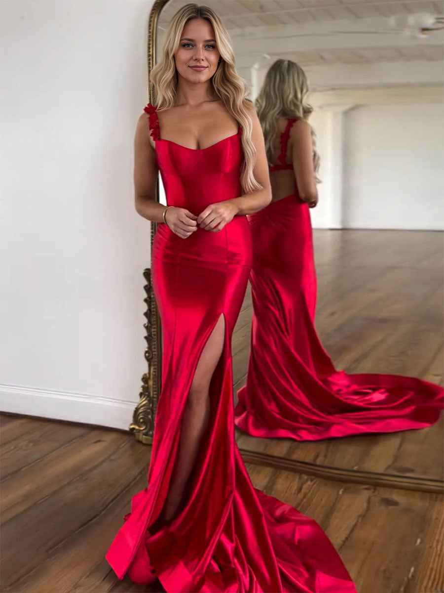 Red Mermaid Flowers Straps Long Prom Dress with Slit