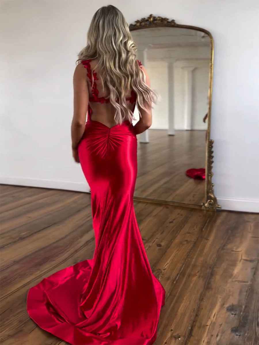 Red Mermaid Flowers Straps Long Prom Dress with Slit