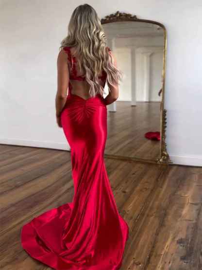 Red Mermaid Flowers Straps Long Prom Dress with Slit
