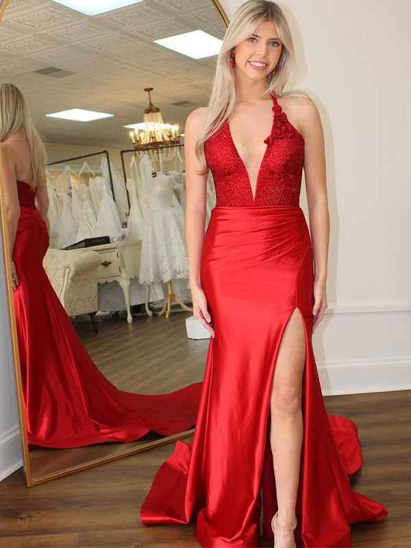 Red Mermaid Halter Sequins Long Satin Prom Dress with Slit
