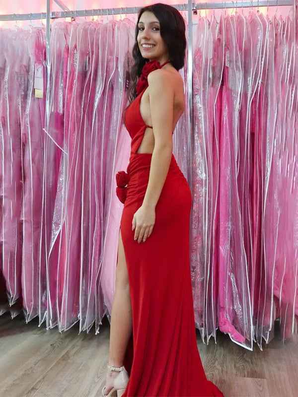 Red Mermaid High Neck Backless Long Party Prom Dress With Slit