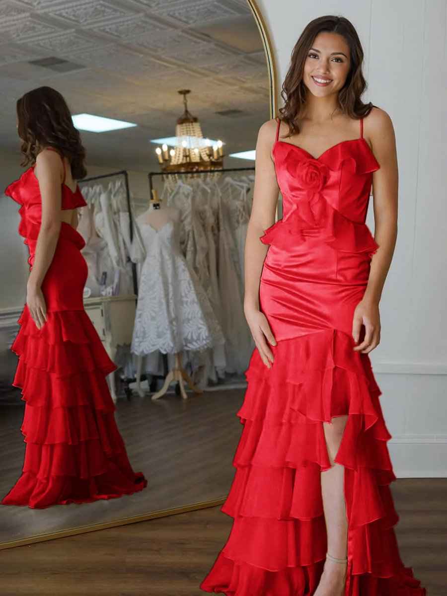 Yellow Mermaid Ruffle Chiffon Long Prom Dress with Flower