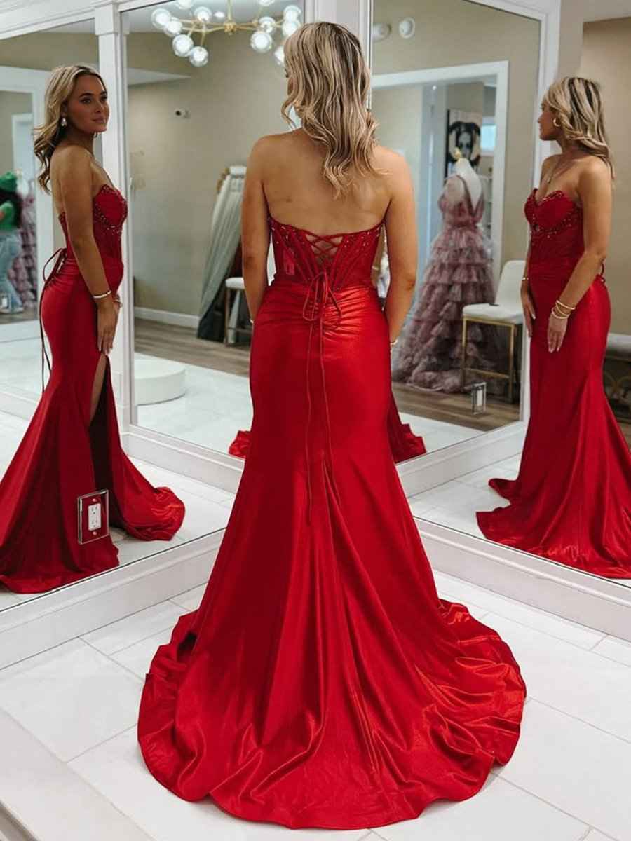 Red Mermaid Strapless Satin Long Prom Dress with Slit