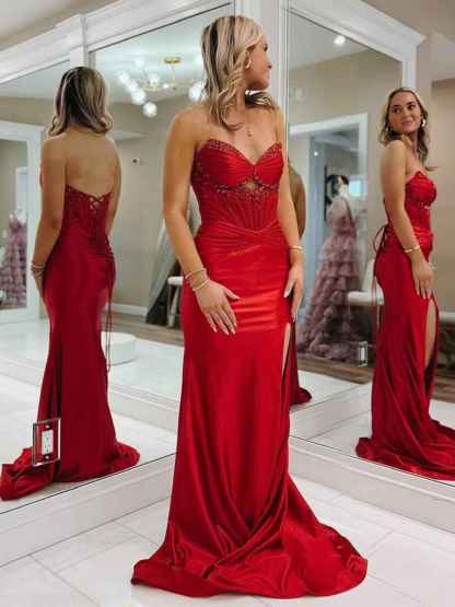 Red Mermaid Strapless Satin Long Prom Dress with Slit