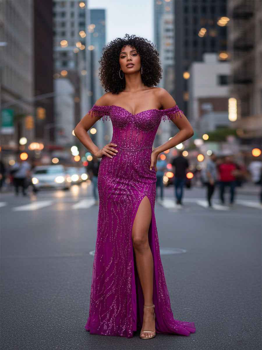 Red Off-the-Shoulder Beaded Tulle Prom Dress with Swirling Sequins