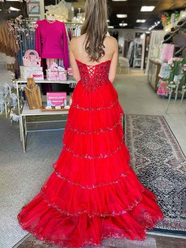 Red Stunning Strapless A-Line Empire-Waist Tiered Appliques Prom Dress with Slit