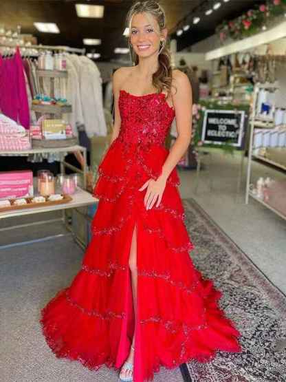 Red Stunning Strapless A-Line Empire-Waist Tiered Appliques Prom Dress with Slit