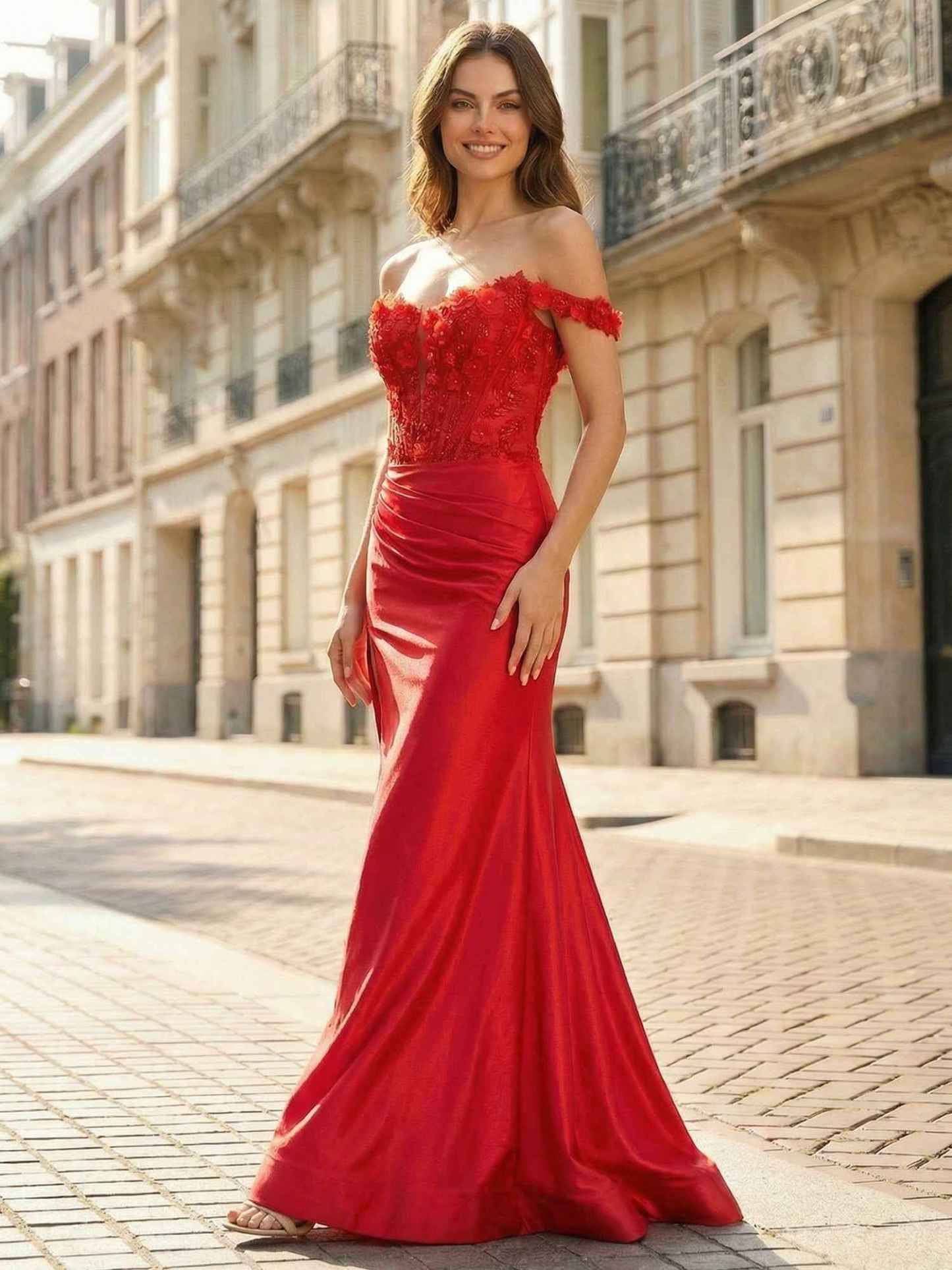 Red 3D Floral Off-the-Shoulder Satin Long Prom Dress with Slit