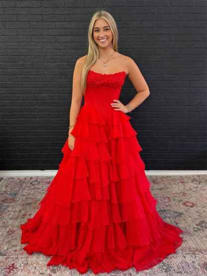 Red A Line Strapless Long Tiered Ruffle Prom Dress