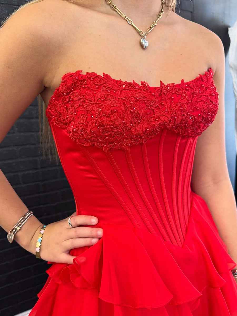 Red A Line Strapless Long Tiered Ruffle Prom Dress