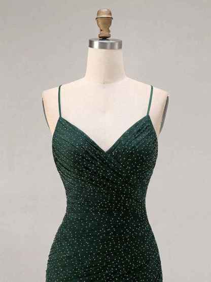 Red Glitter Ruched Spaghetti Strap Prom Dress with Slit