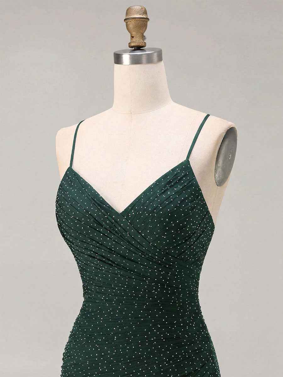 Red Glitter Ruched Spaghetti Strap Prom Dress with Slit