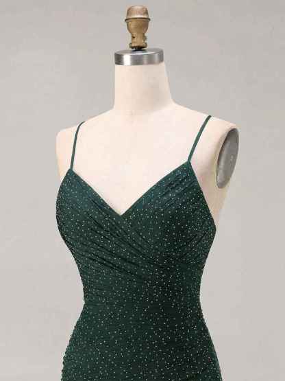 Red Glitter Ruched Spaghetti Strap Prom Dress with Slit