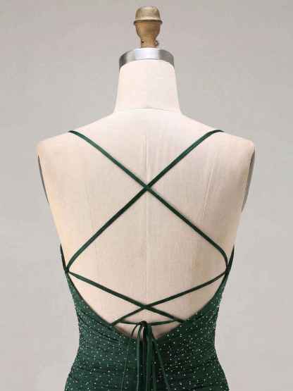 Red Glitter Ruched Spaghetti Strap Prom Dress with Slit