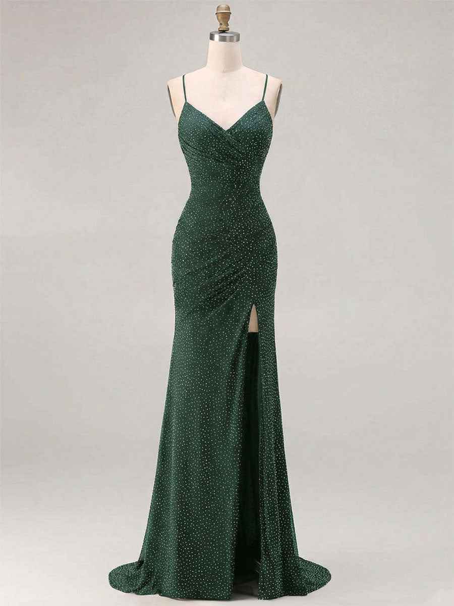 Red Glitter Ruched Spaghetti Strap Prom Dress with Slit