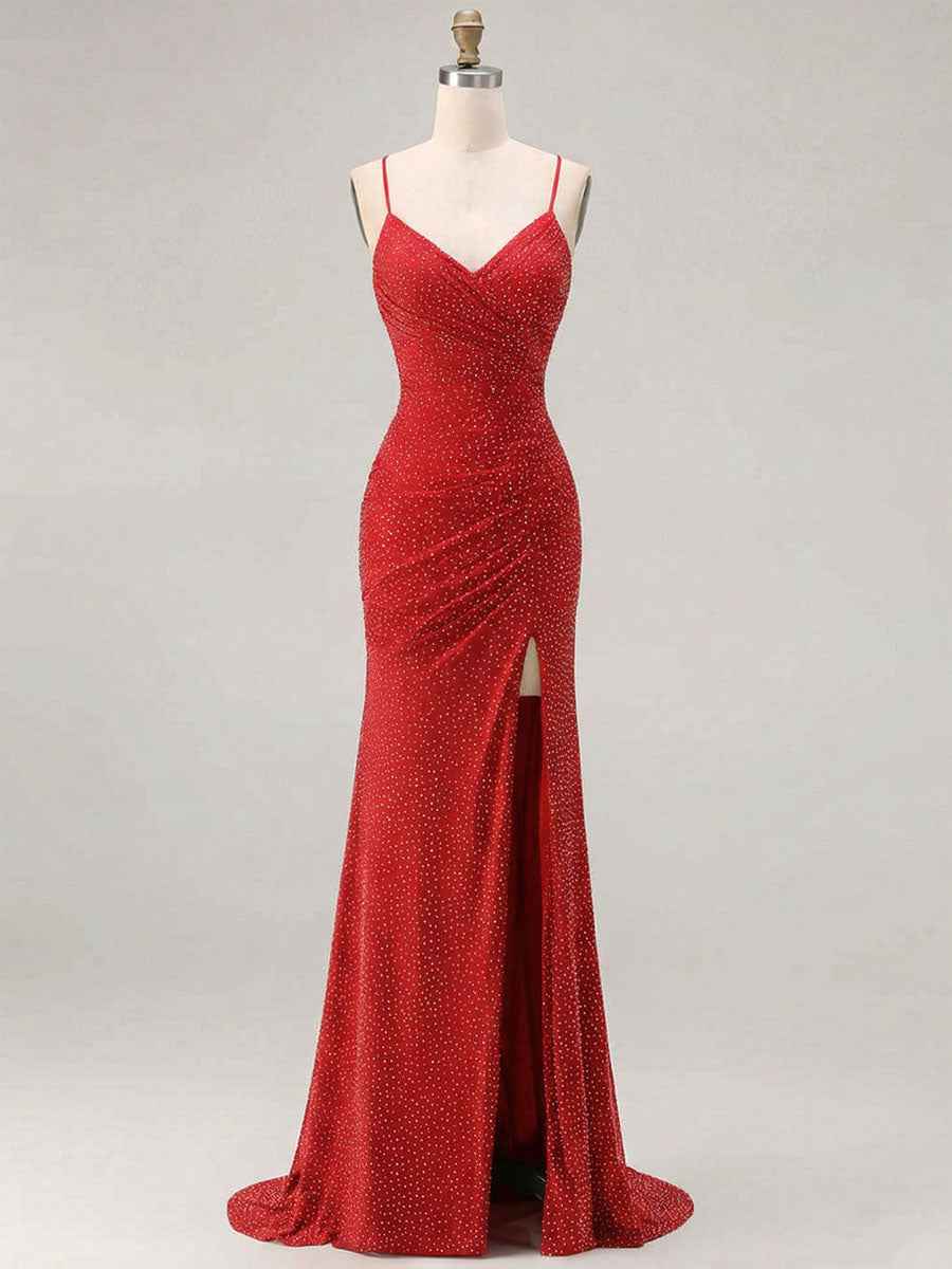 Red Glitter Ruched Spaghetti Strap Prom Dress with Slit