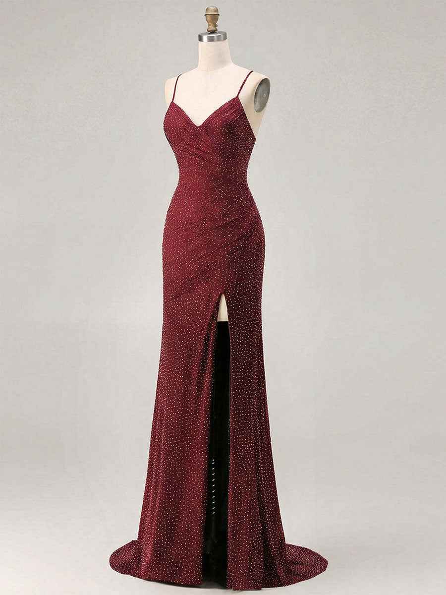 Red Glitter Ruched Spaghetti Strap Prom Dress with Slit