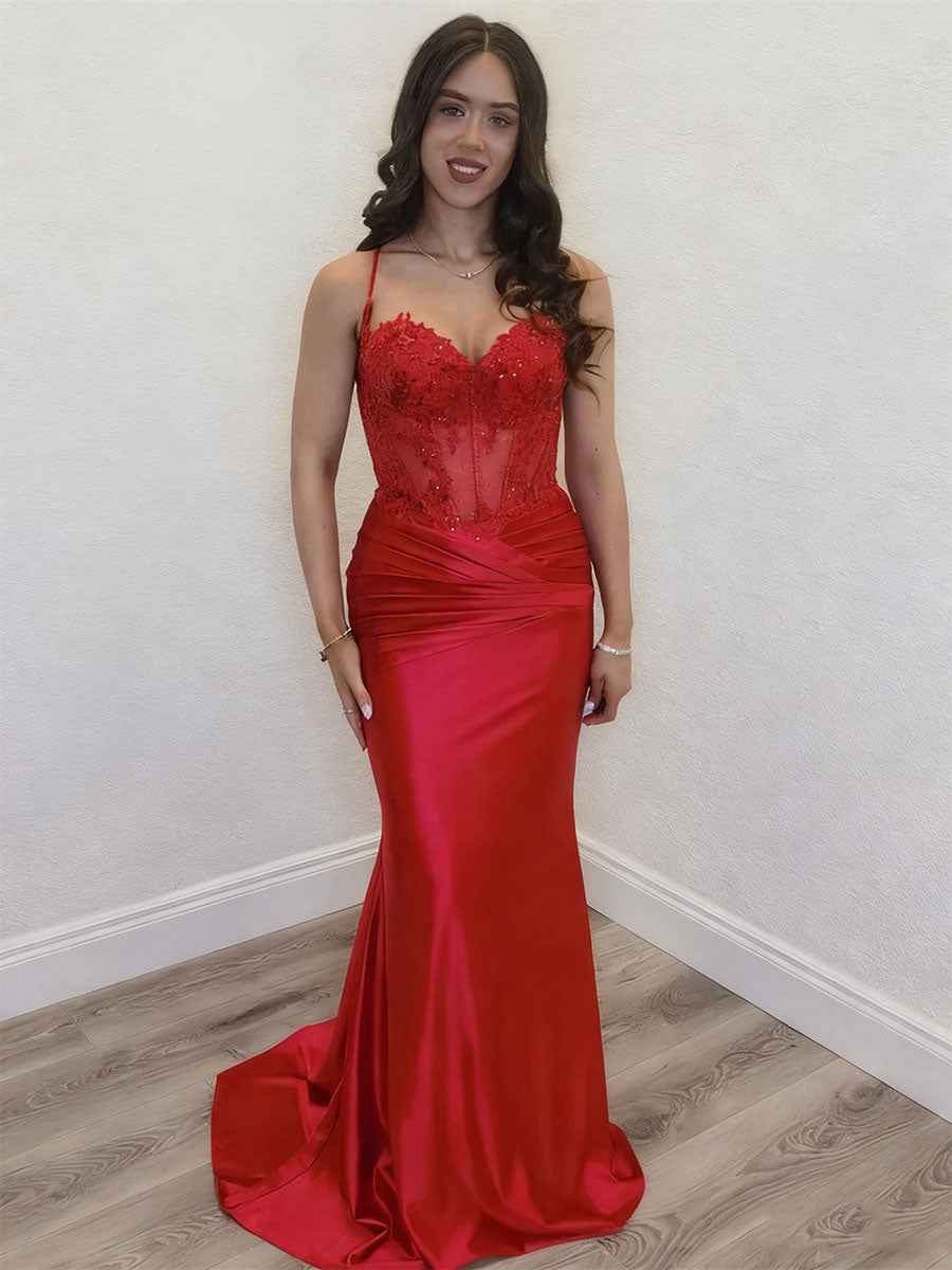 Red Mermaid Keyhole Bodice Lace-Up Back Prom Dress
