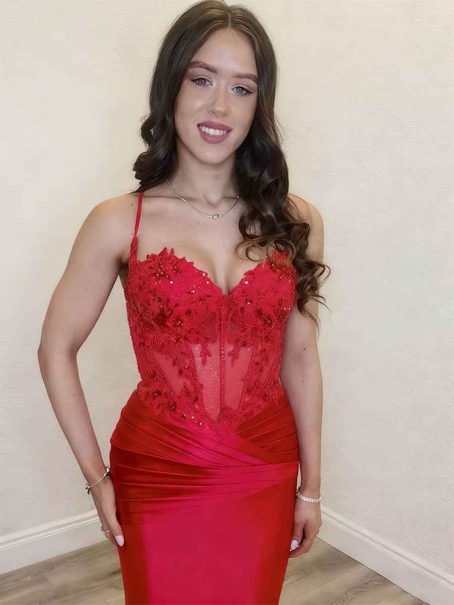 Red Mermaid Keyhole Bodice Lace-Up Back Prom Dress