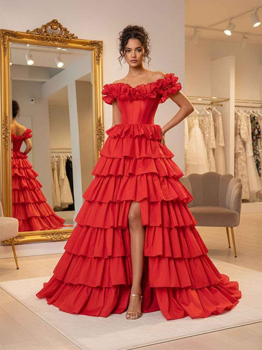 Red Off The Shoulder Ruffle Tiered Corset Long Prom Dress