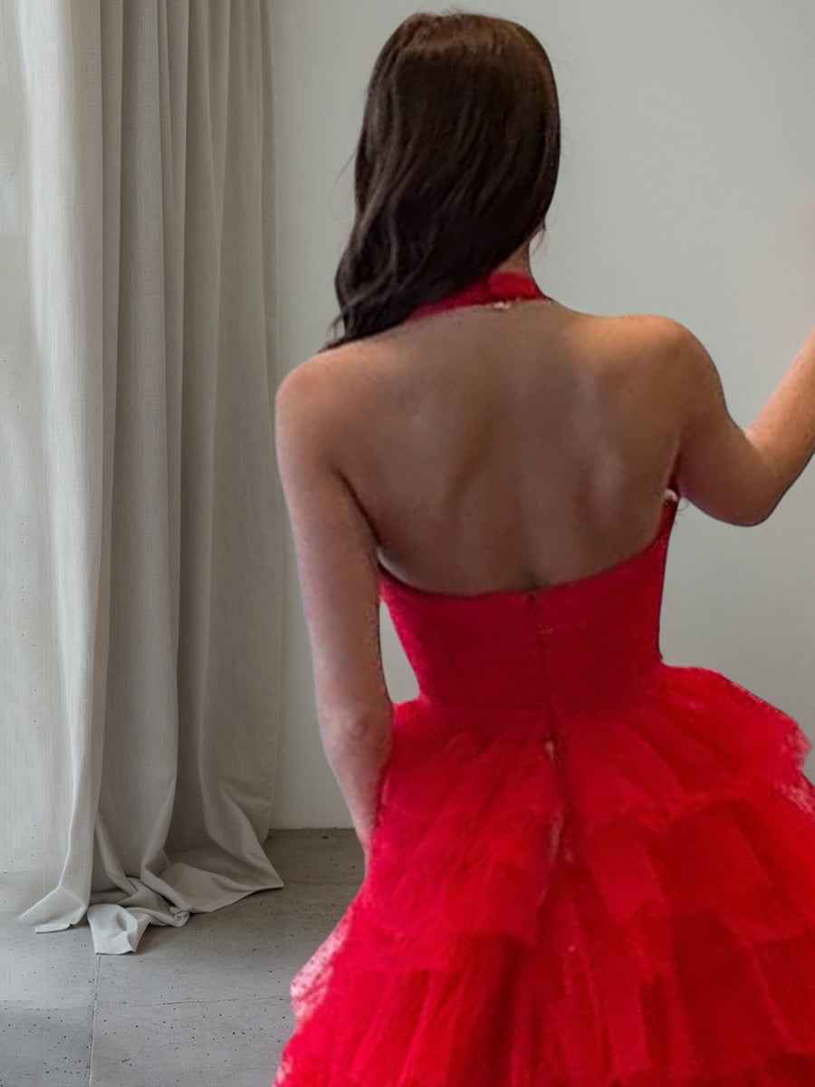 Red Polka Dots Tiered Long Prom Dress with Slit