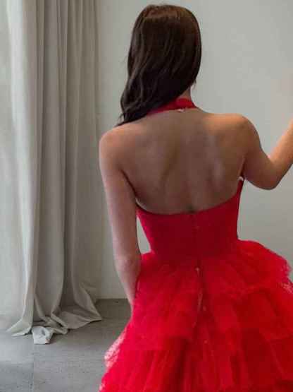 Red Polka Dots Tiered Long Prom Dress with Slit