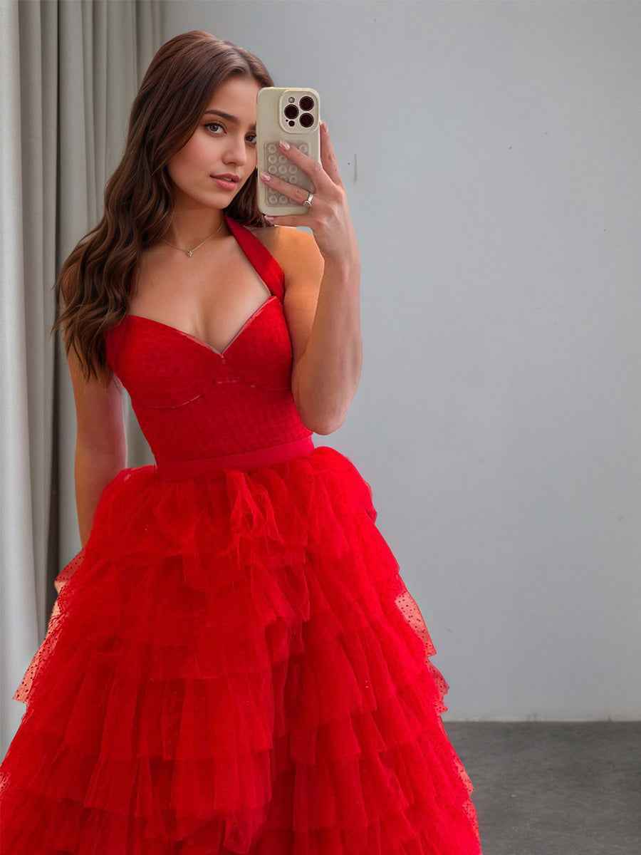 Red Polka Dots Tiered Long Prom Dress with Slit