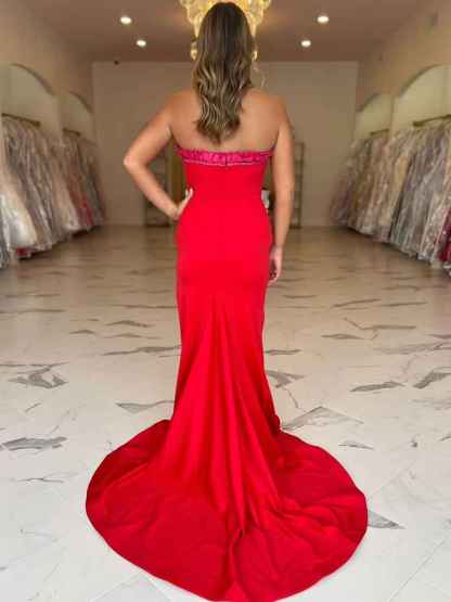Red Ruffled Strapless Long Prom Dress with Slit