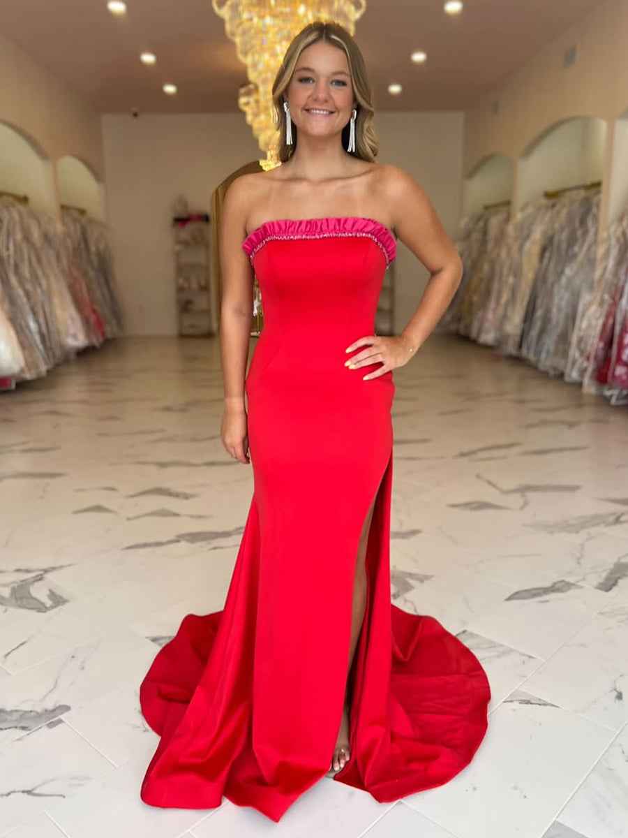 Red Ruffled Strapless Long Prom Dress with Slit